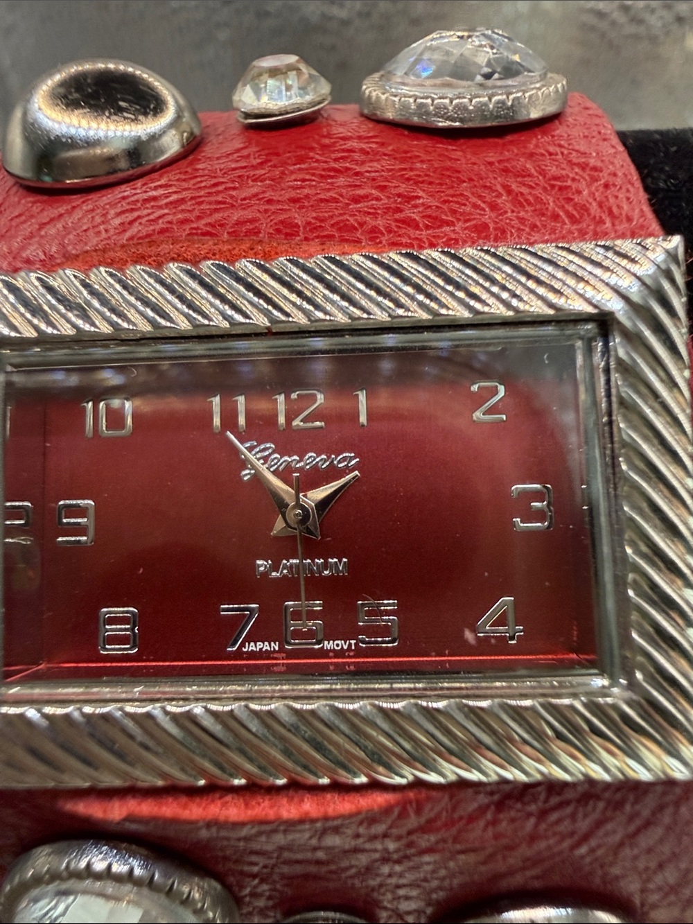 Geneva Red Leather Strap Watch with Silver-Tone Bezel and Crystal Studs